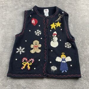 Vintage Nutcracker Sweater Vest Womens Medium Black Christmas Holiday Snowman